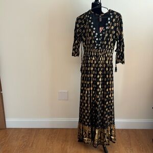 NWT ME 2 MAGIC BLACK AND GOLD MAXI DRESS